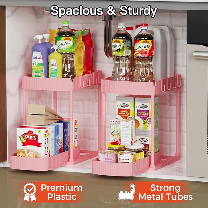 Ukeetap 2 Pack Multi-Purpose Pull-Out Storage Organizers, Under Sink Organizers and Storage for Bathroom & Kitchen, Under Cabinet Organizers and storage, 14.8 Inch, Pink - Image 3