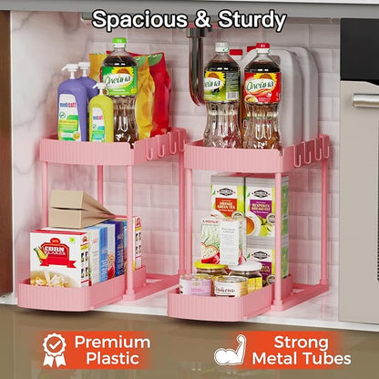 Ukeetap 2 Pack Multi-Purpose Pull-Out Storage Organizers, Under Sink Organizers and Storage for Bathroom & Kitchen, Under Cabinet Organizers and storage, 14.8 Inch, Pink - Image 3