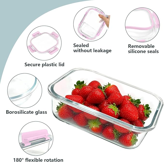 12 Pack Glass Meal Prep Food Storage Containers with Lids Airtight Stackable, Microwave, Oven, Freezer and Dishwasher Safe(Pink) - Image 3