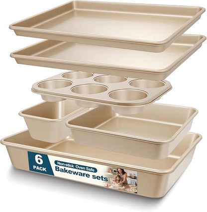 Baking Pans Set, Nonstick Stackable Bakeware Sets, Oven Pans for Cooking, AIVIKI 6 Pieces Baking Sheets Set Including Cookie Sheet, Deep Roaster Pan, Square Pan, Loaf Pan, Muffin Pan, Carbon Steel by AIVIKI