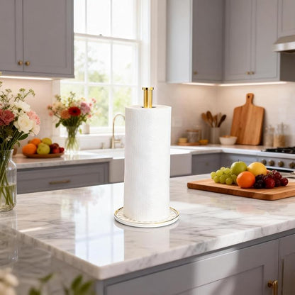 Paper Towel Holder Countertop,Kitchen Paper Towels Holder with Weighted Ceramic Base, Golden Paper Towel Holders for Standard and Large Size Rolls - Image 2