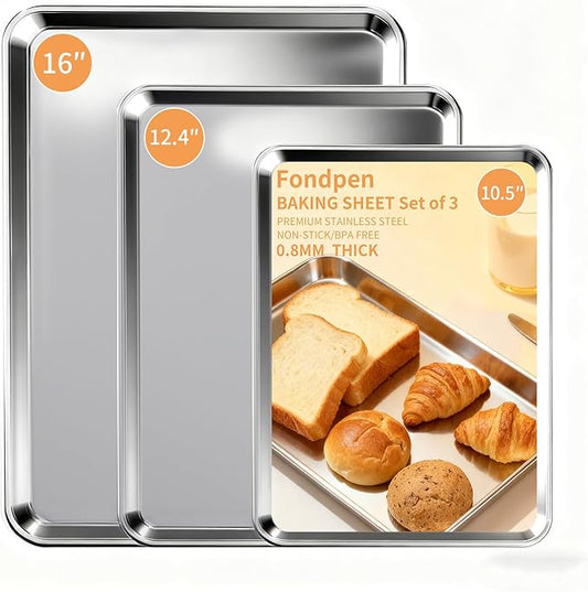 Baking Sheet Set of 3, Stainless Steel Cookie Sheets Baking Sheet Pan, 10.5/12.4/16 Inch, Thicker and Firmer Baking Pans Set, Non-stick, Non toxic & Heavy Duty & Easy Clean，Dishwasher Safe by Fondpen