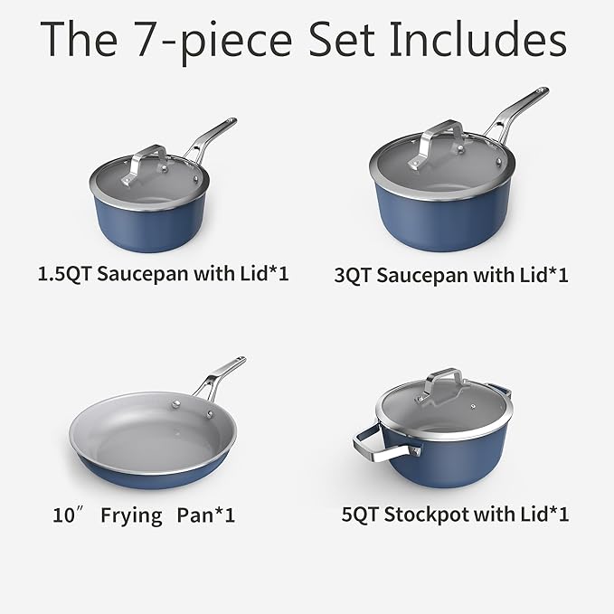 7-Piece Ceramic Nonstick Cookware Set with Lids - PFAS/PTFE/PFOA Free, Interior & Exterior Ceramic Coating -Easy to Clean- Kitchen Storage-All Stovetop Compatible & Oven-Safe up to 480°F