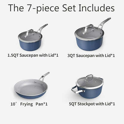 7-Piece Ceramic Nonstick Cookware Set with Lids - PFAS/PTFE/PFOA Free, Interior & Exterior Ceramic Coating -Easy to Clean- Kitchen Storage-All Stovetop Compatible & Oven-Safe up to 480°F