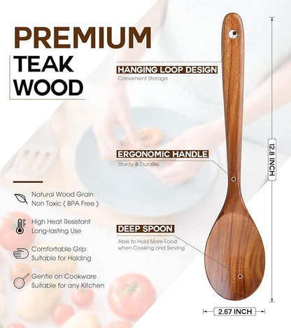 Wooden Spoons for Cooking, Natural Premium Teak Wooden Spoons, Good Grip Large Cooking Spoons and Wooden Spatula, Heat Resistant Wooden Cooking Utensils for Nonstick Cookware Serving, Perfect Gifts - Image 2