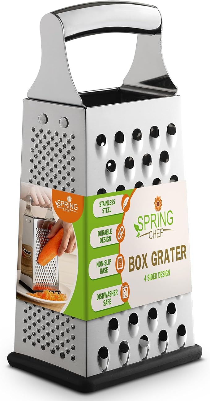 Spring Chef Professional Large Parmesan Cheese Grater, Stainless Steel Metal Box Grater with Handle, 4 Sided Handheld Kitchen Food Shredder for Cheese, Carrot, Veggie, Ginger, Potato - Dishwasher Safe by SpringChef