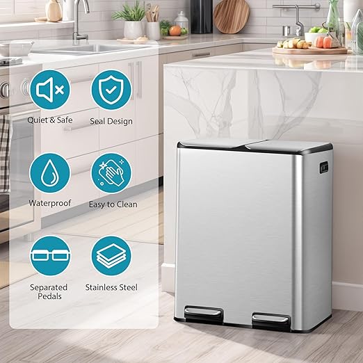 SUPER DEAL Kitchen Trash Can 16 Gallon 60L Dual Stainless Steel Garbage and Recycling Can with Foot Pedal for Kitchen, Living Room, Office, Removable Inner Buckets Soft Close Lid Odor Proof, Silver