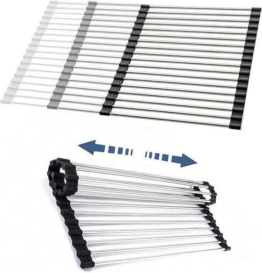 CHIRISEN Expandable Large Roll Up Dish Drying Rack, Foldable Over The Sink Dish Drying Rack, Rolling Dish Drainer Stainless Steel Roll Rack for Kitchen Sink Counter (Black, 21.25x12.79)