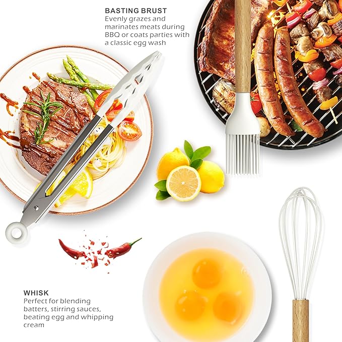 oannao Silicone Cooking Utensils Set - 446°F Heat Resistant Silicone Kitchen Utensils for Cooking,Kitchen Utensil Spatula Set w Wooden Handles and Holder for Non-Stick Cookware (Cream White) - Image 3