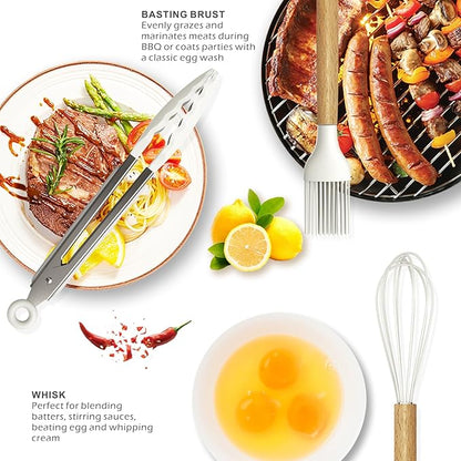 oannao Silicone Cooking Utensils Set - 446°F Heat Resistant Silicone Kitchen Utensils for Cooking,Kitchen Utensil Spatula Set w Wooden Handles and Holder for Non-Stick Cookware (Cream White) - Image 3