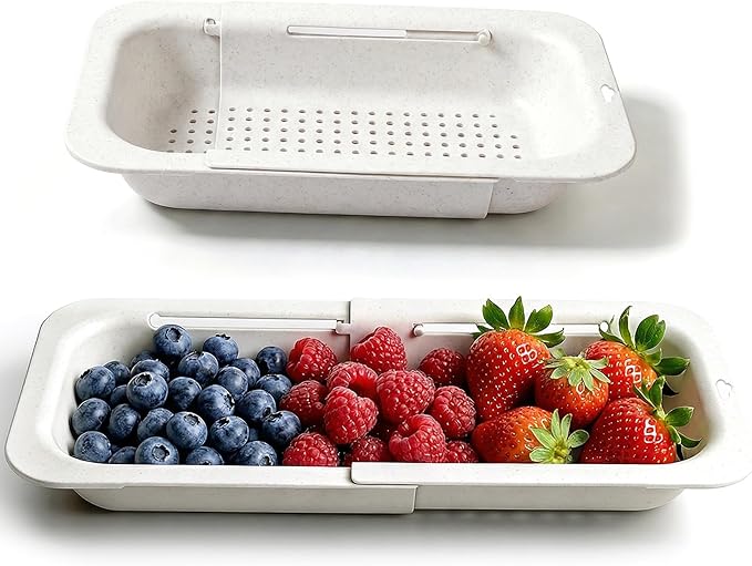Over the Sink Colander Strainer Basket, Extendable Colander and Strainer for Kitchen, Wash Vegetables and Fruits, Drain Pasta and Dry Dishes, Adjustable Colander from 13.5In to 18.7In, White