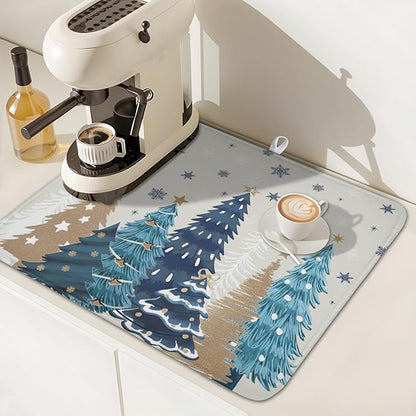 Christmas Tree Dish Drying Mat for Kitchen Counter 18x16 Inch Xmas Snowflake Drying Mat with Absorbent Reversible Microfiber House Blue Trees Dish Drainer Mats Rack Pad for Coffee Countertop Protector