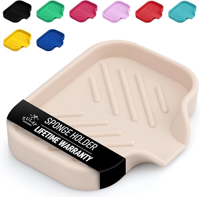Zulay Kitchen Small Silicone Sponge Holder (4.9x3.3”) – Space-Saving Sink Organizer Tray for Sponge, Soap, Brush & More – Compact Non-Slip Dish for Kitchen & Bathroom (Ivory) by ZulayKitchen