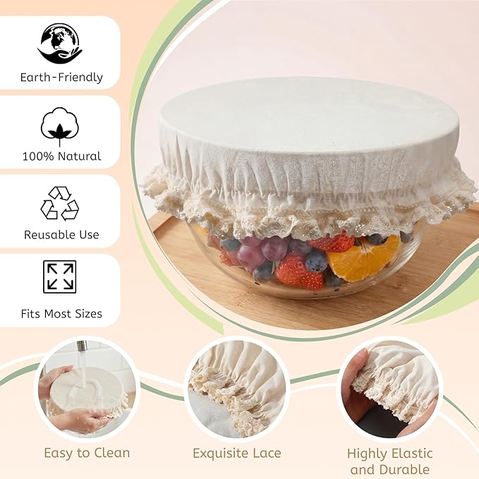 Set of 4 Reusable Cotton Bowl Covers with Lace Trim 13, 10, 8, 4 Inch Breathable Muslin Fabric Food Storage Lids Elastic Cloth Bowl Covers for Bread Proofing Baskets Sourdough Bread Baking