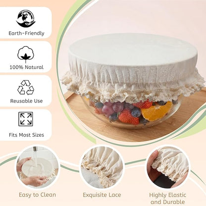 Set of 4 Reusable Cotton Bowl Covers with Lace Trim 13, 10, 8, 4 Inch Breathable Muslin Fabric Food Storage Lids Elastic Cloth Bowl Covers for Bread Proofing Baskets Sourdough Bread Baking