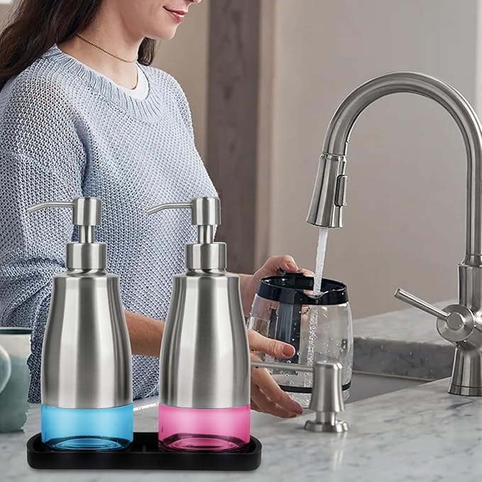 Gaussra Kitchen Soap Dispenser Set with Silicone Tray and Stickers - Brushed Nickel, Stainless Steel Glass Soap Dispenser Bathroom, Refillable Hand Dish Dispenser for Kitchen Sink - Image 5
