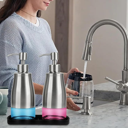 Gaussra Kitchen Soap Dispenser Set with Silicone Tray and Stickers - Brushed Nickel, Stainless Steel Glass Soap Dispenser Bathroom, Refillable Hand Dish Dispenser for Kitchen Sink - Image 5