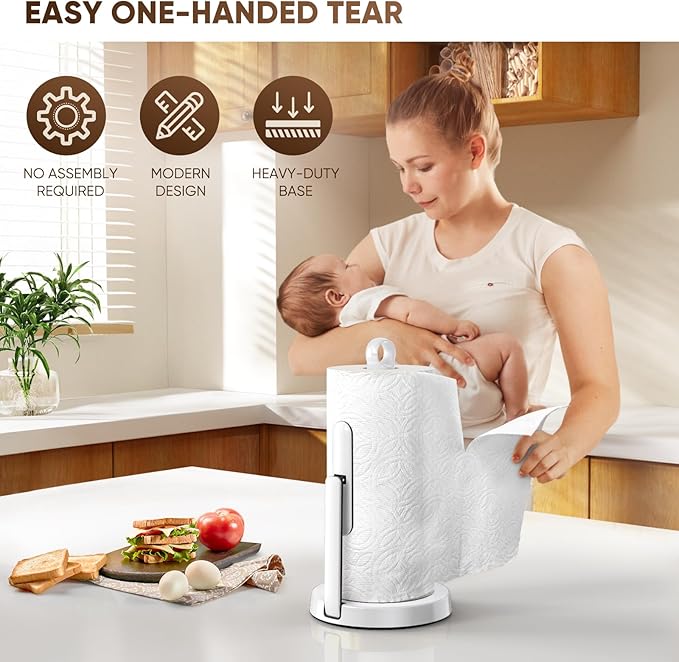 theaoo Heavy-Duty Stainless Steel Paper Towel Holder with Tension Arm – Easy One-Handed Tear, Modern Standing Countertop Dispenser for Kitchen, Holds All Paper Towel Rolls (1, White) - Image 3