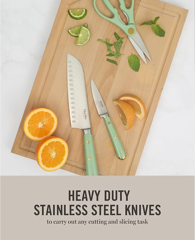 Martha Stewart 16-Piece Lockton High Carbon Stainless Steel Knife Block Set - Forged Full Tang Chef Knives, Acacia Wood Block, Triple Riveted Handles, Sage Green & Gold - Image 4