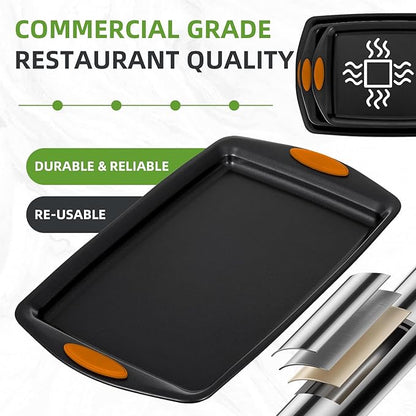 5-Piece Nonstick Baking Pans Set - Premium Carbon Steel Bakeware with PFOA/PFOS/PTFE-Free Coating, Red Silicone Handles (Black Orange) - Image 4