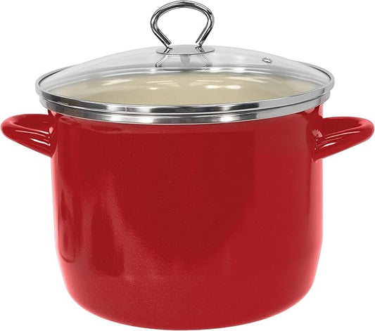 Vasconia EOS 12-Quart Alloy Steel Speckled Stockpot with Glass Lid - Dishwasher and Oven Safe Cooking Pot up to 350°F - Induction Cookware for All Cooktops - Non-Reactive Enameled Soup Pot - Red