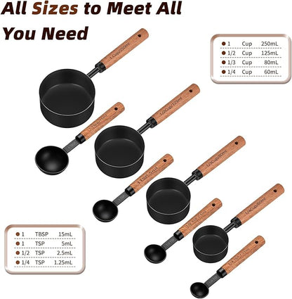 Stainless Steel Measuring Cups and Spoons Set of 8, Stackable Wooden Handle Metal Measuring Cup & Spoon Set with Metric & US Measurements, Rustic Farmhouse Kitchen Gadgets for Dry & Liquid Ingredients