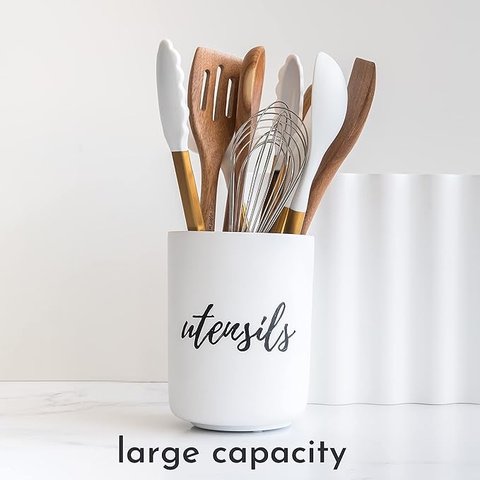 STYLED SETTINGS White Utensil Holder for Countertop - Rustic Farmhouse Organizer for Extra Large Utensils - Heavy and Durable Utensil Holder for Modern Farmhouse Decor and Kitchen Accessories - Image 4