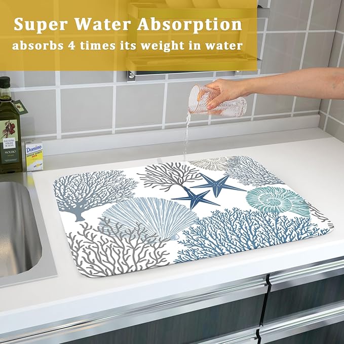 Blue Coral Dish Drying Mat 18x24 Inch Absorbent Reversible Summer Beach Drying Mat Nautical Coastal Starfish Dish Drying Rack Mat Ocean Themed Dish Drainer Mat for Kitchen Counter Coffee Bar
