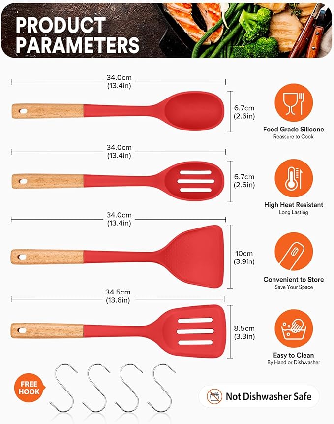 Silicone Cooking Utensils Set, Perfectly Angled for Frying, Mixing,Serving,Draining,Turning and Stirring, BPA-Free Matte Silicone, Wood Handles, Safe for Nonstick Cooking Surfaces,4 Pack (Red) - Image 2