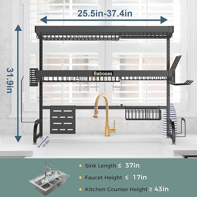 Over The Sink Dish Drying Rack,3 Tier Adjustable Length (25.5'' to 37.4'') Full Stainless Steel Large Storage Kitchen Dish Rack,for Kitchen Counter,Expandable Multifunctional Organizers,Black
