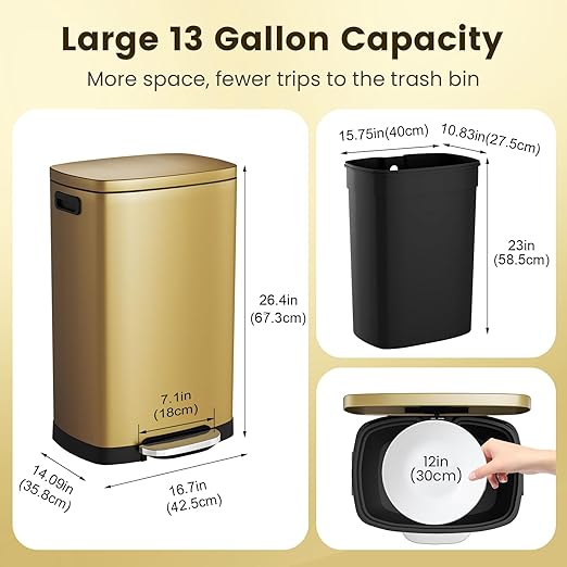 ELPHECO Kitchen Trash Can with Lid Soft Close, 13 Gallon / 50L Stainless Steel Pedal Garbage Can, Heavy-Duty Step Wastebasket with 20 Bags, Removable Bucket, Home Office, Kitchen, Titanium Gold - Image 3