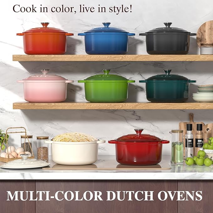 Enameled Cast Iron Dutch Oven - Umite Chef 5QT Pot with Lid & Cotton Potholders - Heavy-Duty Cookware for Bread Baking, Braising, Stews, Roasting(Red) - Image 8