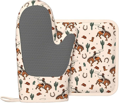 Western Cactus Cowboy Boho Silicone Oven Mitts Pan Mats Set of 2, Heat Resistant Gloves Potholder with Non-Slip Grips Hanging Loops Pot Holder, Spring Summer for Chef Cooking, Baking, Grilling, BBQ