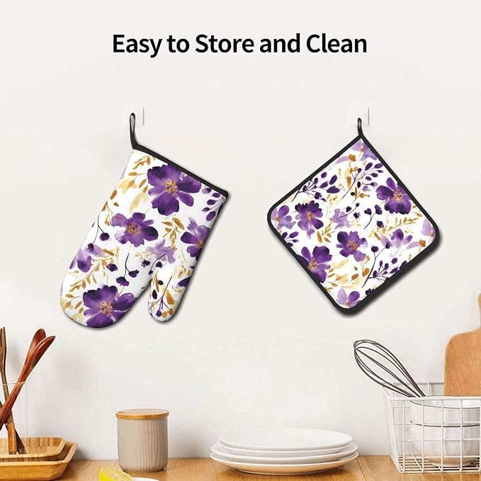 Spring Purple and Gold Floral Oven Mitts and Pot Holders Sets of 3, Non-Slip Heat Resistant Watercolor Flower Design Kitchen Gloves, Gifts for Women Cooking, Elegant Kitchen Decor for Baking Cooking - Image 5