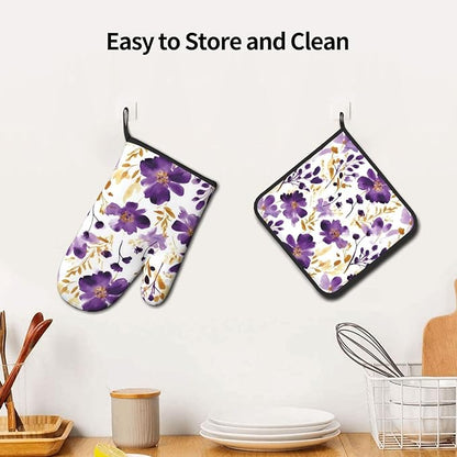 Spring Purple and Gold Floral Oven Mitts and Pot Holders Sets of 3, Non-Slip Heat Resistant Watercolor Flower Design Kitchen Gloves, Gifts for Women Cooking, Elegant Kitchen Decor for Baking Cooking - Image 5