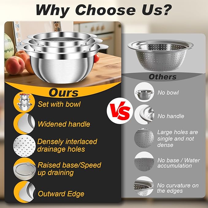 Stainless Steel Colander, 3Pcs Strainer for Kitchen Food with Handle Kitchen Gadget Food Strainer Basket for Washing Vegetables, Fruits, Rice, and Pasta, (2+2QT Colander + 3QT Mixing Bowl) - Image 5