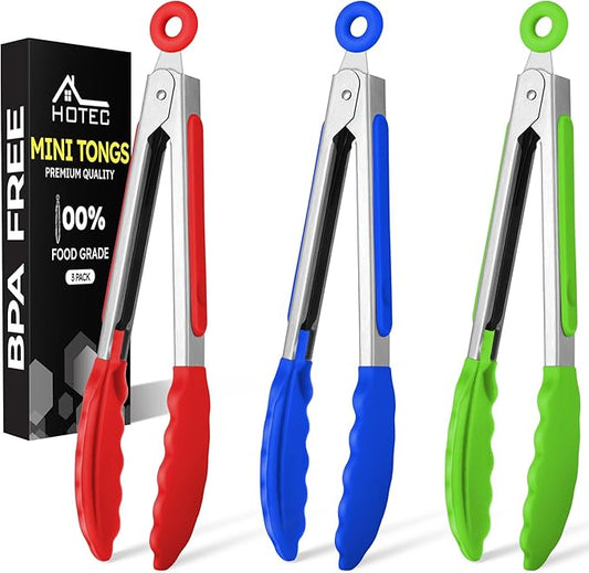 Hotec Mini Silicone Kitchen Tongs for Cooking - 7-Inch Small Serving Tongs with Silicone Tips, Set of 3 (Red,Blue,Green) by Hotec