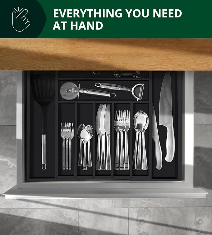 ROYAL CRAFT WOOD Luxury Bamboo Kitchen Drawer Organizer - Silverware Organizer - Utensil Holder and Cutlery Tray with Grooved Drawer Dividers for Flatware and Kitchen Utensils (9 Slot, Black) - Image 8