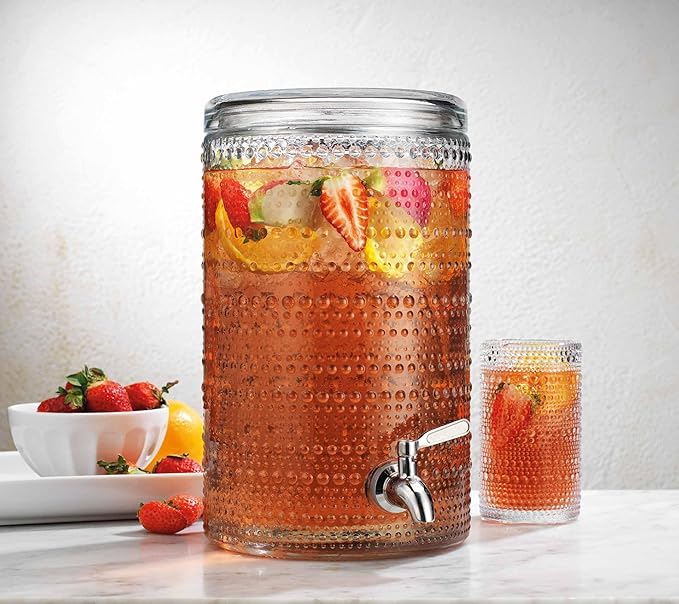 Glavers 2 Gallon Beverage Dispenser Clear Glass Hobnail Beaded Jug, Tight Lid, Side Press Stainless Steel Spigot. Cocktails, Juices, Water, Lemonade, Iced Tea. Parties, Celebrations, Everyday Fridge. by Glavers