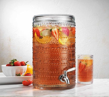 Glavers 2 Gallon Beverage Dispenser Clear Glass Hobnail Beaded Jug, Tight Lid, Side Press Stainless Steel Spigot. Cocktails, Juices, Water, Lemonade, Iced Tea. Parties, Celebrations, Everyday Fridge. by Glavers