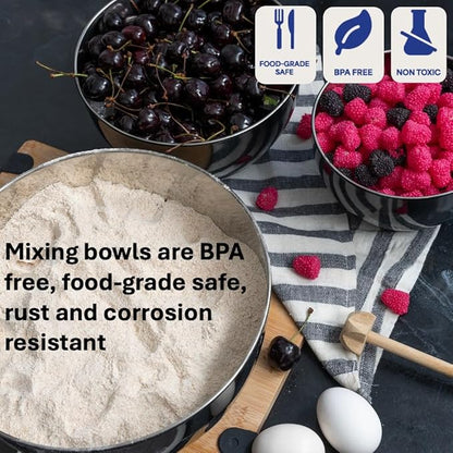WHYSKO Stainless Steel Mixing Bowls Set of 3 with Non-Slip Silicone Base, Nesting Metal Bowls for Meal Prep, Baking, Cooking & Food Storage, Dishwasher Safe Kitchen Mixing Bowls, Black - Image 5