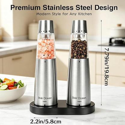StarOcean Electric Salt and Pepper Grinder Set, Automatic Gravity Grinder with Rechargeable Base, 5 Adjustable Coarseness, Leak-Proof & Mess-Free, USB-C Charging, Stainless Steel