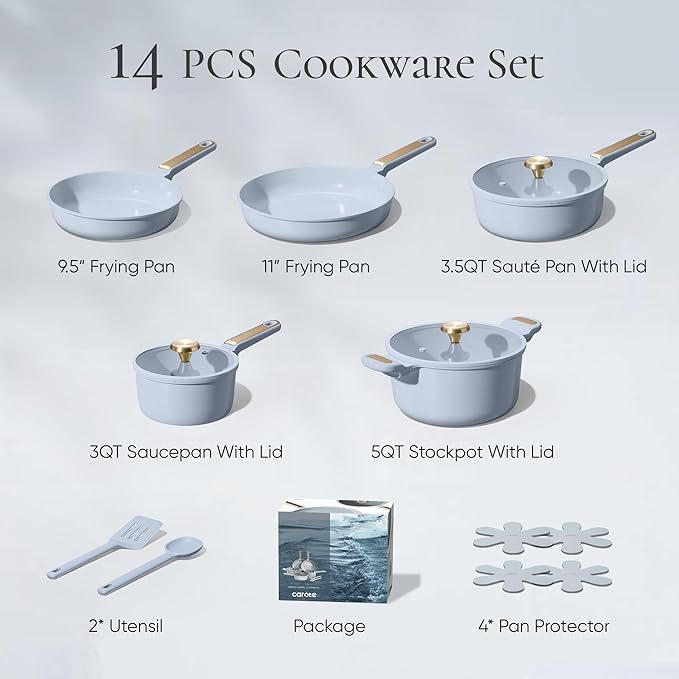 CAROTE Ceramic Cookware Set Nonstick, 14pcs Pots and Pans Set Nonstick, Non-Toxic & PFAS-Free, Dishwasher, RV/Camping Cookware Set, Cooking Pots with Lids, Pastel Blue - Image 2