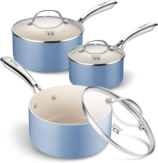 KOCH SYSTEME CS Nonstick Sauce Pan with Lid 1QT, 2QT & 3QT, Non-Toxic Ceramic Saucepan Set, Blue Sauce Pan Set, Multipurpose Cooking Pots Set, Compatible induction by KOCHSYSTEMECS