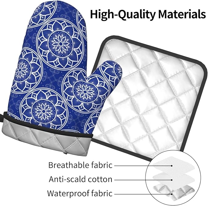 Chinoiserie Blue and White Floral Oven Mitts and Pot Holders Sets of 3, Heat Resistant Non-Slip Boho Kitchen Gloves for Baking Cooking Grilling, Navy Blue Hot Pads for Kitchen Decor, Gifts for Women - Image 9