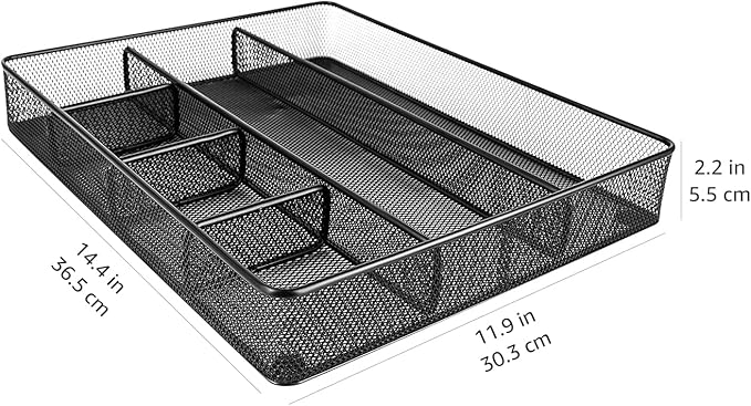 Amazon Basics Metal Mesh Desk Organizer with 6 Compartments, Anti-Slip Pen Holder Storage Tray for Office Supplies and Home, Black - Image 4