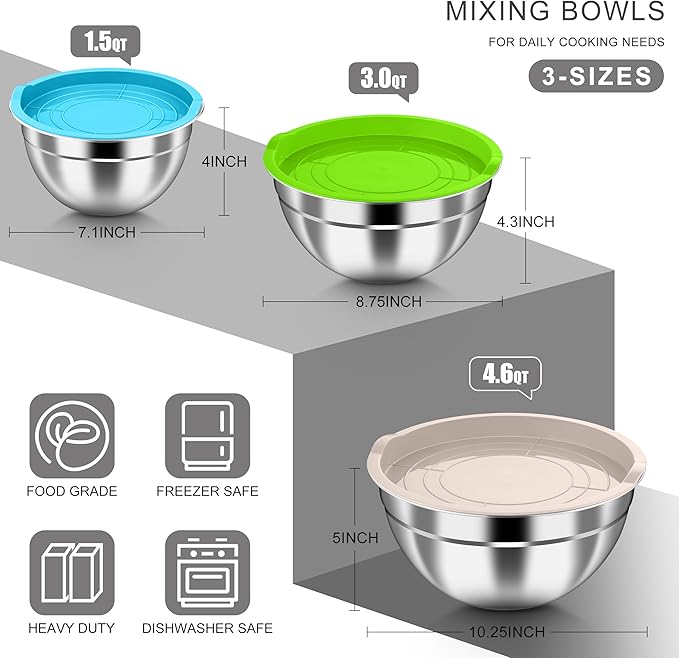HaWare Mixing Bowls with Airtight Lids, 6-Piece Stainless Steel Salad Bowls, Strong Nesting Bowls for Cooking, Prepping, Baking, Serving & Food Storage, Stackable Design, Size 4.6, 3, 1.5QT, Colorful - Image 2
