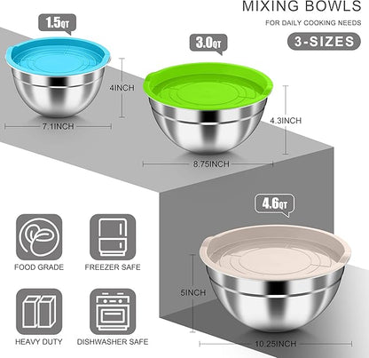 HaWare Mixing Bowls with Airtight Lids, 6-Piece Stainless Steel Salad Bowls, Strong Nesting Bowls for Cooking, Prepping, Baking, Serving & Food Storage, Stackable Design, Size 4.6, 3, 1.5QT, Colorful - Image 2