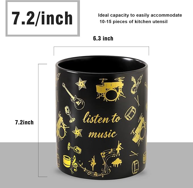 7" Music Utensil Holder, Large Kitchen Utensil Holder Organizer , Black Stable Utensil Crock Spatula Holder for Kitchen Counter Countertop Farmhouse Cooking Tools Holder（Black - Image 2