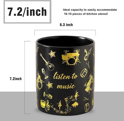 7" Music Utensil Holder, Large Kitchen Utensil Holder Organizer , Black Stable Utensil Crock Spatula Holder for Kitchen Counter Countertop Farmhouse Cooking Tools Holder（Black - Image 2